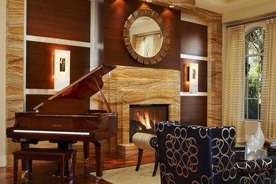 Large trendy formal and enclosed dark wood floor and brown floor living room photo in Miami with beige walls, a standard fireplace and a stone fireplace