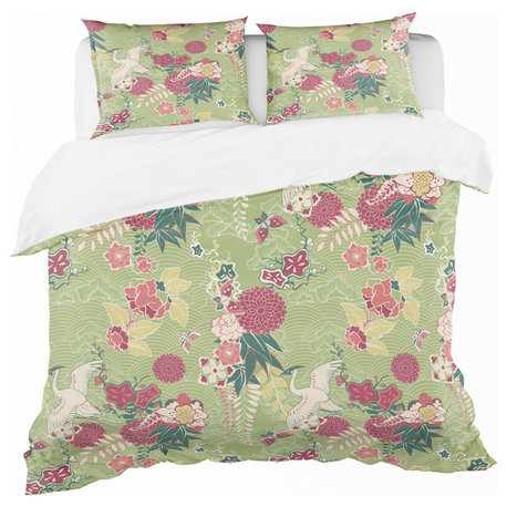 Oriental Silk Pattern Asian Duvet Cover Set, Full/Queen
