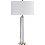 Uttermost - Davies Table Lamp, Steel - Contemporary In Style, This Cut Crystal Table Lamp Showcases Clean Lines, Accented With Lightly Antiqued Brass Plated Details. The Round Hardback Drum Shade Is A White Linen Fabric.