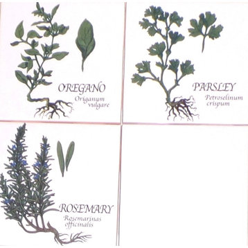4.25"x4.25" Green Herb Kiln Fired Tiles of Oregano Rosemary Parsley, 3-Piece Set
