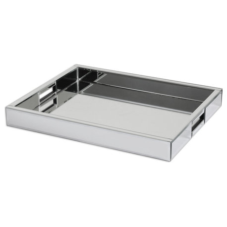 Modern Mirrored Glass Serving Tray, Decorative Bar Handles Mid Century Glam