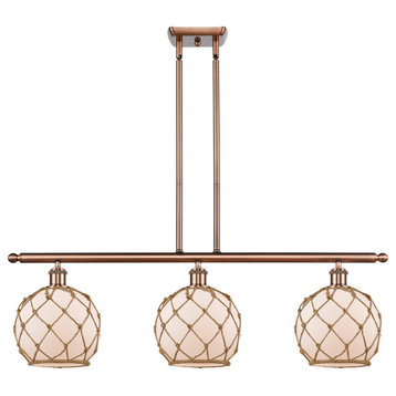 Farmhouse Rope 3-Light Island-Light, Antique Copper, White Glass With Brown Rope