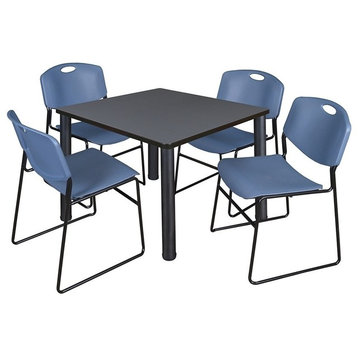 Kee 42" Square Breakroom Table, Gray/ Black and 4 Zeng Stack Chairs, Blue