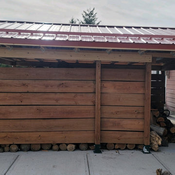 Metal Roof on Wood Shed, Basement Door, and Stairs