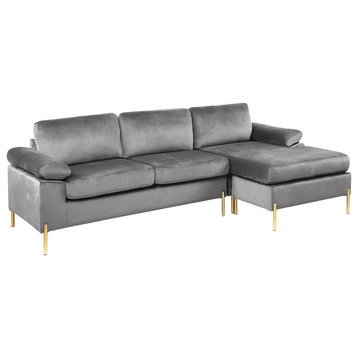 Elegant Sectional Sofa, Golden Legs With Soft Velvet Seat & Pillowed Arms, Gray
