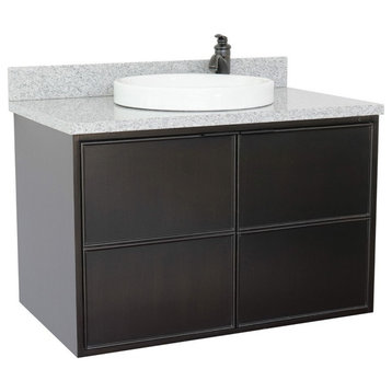 37" Single Wall Mount Vanity, Cappuccino Finish With Gray Granite Top