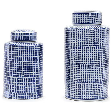 Two's Company Set of 2 Blue & White Covered Decorative Jars