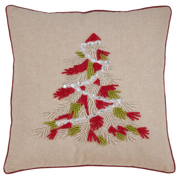 Poly Filled Throw Pillow With Beaded Christmas Tree Design, 18"x18", Red