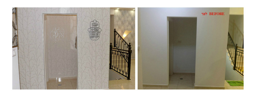 white and silver wallpaper on entry wall