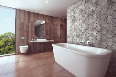 Photo of a contemporary bathroom in Sydney with a wall-mount toilet.