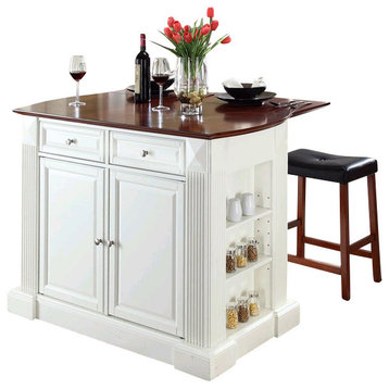 Crosley Coventry Drop Leaf Kitchen Island with Saddle Stools in White