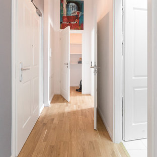 Inredning av en klassisk mellanstor hall, med flerfärgade väggar och mellanmörkt trägolv