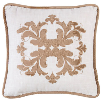 Square Linen Pillow With Velvet Embroidery, 18"x18", Oatmeal