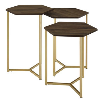 Transitional Hex Wood and Metal 3-Piece Nesting Table Set, Dark Walnut
