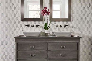 Example of a mid-sized transitional master bathroom design in San Francisco with furniture-like cabinets, gray cabinets, multicolored walls and a vessel sink