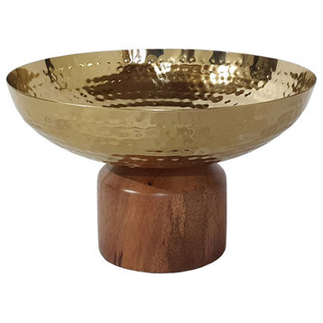 Benzara BM284952 8" Small Acacia Wood Table Bow, Steel Decorative, Gold & Brown
