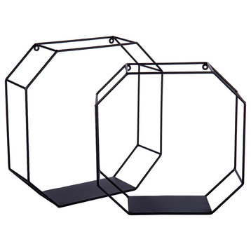 Decorative Metal Modern and Sleek Octagon Floating Shelves, 16"x16", Black