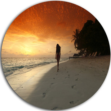 Woman Walking On Beach, Seashore Photo Disc Metal Wall Art, 23"