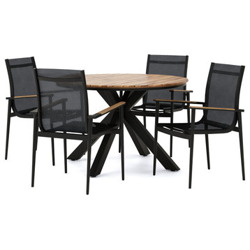 Norcrest Outdoor Mesh and Acacia Wood 5-Piece Dining Set, Black and Teak