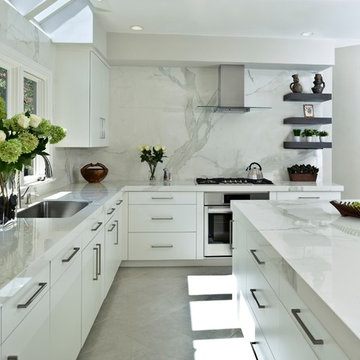 Contemporary Kitchen countertops, island, and backsplash, in Slim Slab Calacata