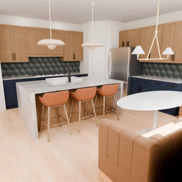 3D RENDERING: BANQUETTE DINING NOOK LOOKING INTO THE KITCHEN