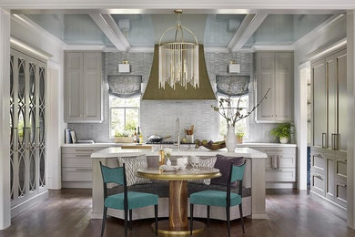 Eat-in kitchen - traditional medium tone wood floor and brown floor eat-in kitchen idea in San Francisco with shaker cabinets, gray cabinets, gray backsplash and an island