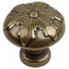 1-1/8" Round Snowflake Cabinet Knob, Antique Brass