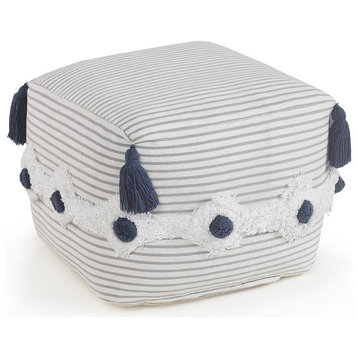 Striped Gray and Ivory Tufted Pouf
