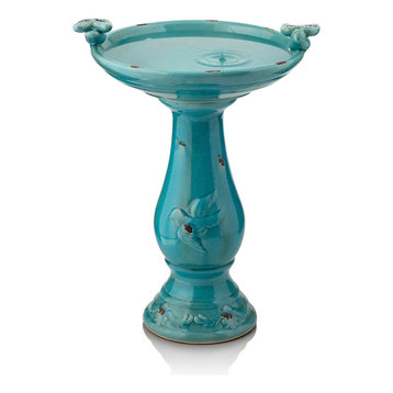 Antique Ceramic Birdbath With Birds, Turquoise, 24"