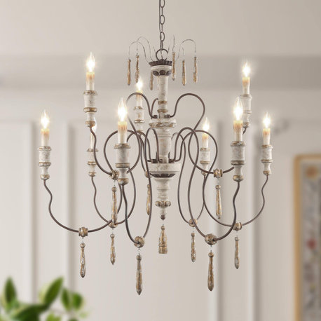 LALUZ 39-in 9-Light Two-tier Distress White French Country Chandeliers