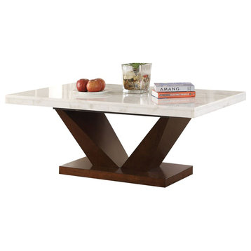 Benzara BM157244 Prevailing Dining Table, White Marble & Walnut Brown