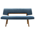 Armen Living - Channell Wood Dining Bench, Walnut Finish With Blue Fabric - Bring comfort and elegance to your dining area with our Channell Upholstered Wood Dining Bench. The chic and elegant dining, bedroom, or entryway bench presents the perfect blend of style and functionality. It features an upholstered back and seat for a neatly tailored and inviting profile. The wooden frame and angled legs add stunning detail and a dose of elegance to our dining bench, its back opening allows for breathability. Its practical and stylish design includes a padded back and seat to effortlessly adapt and offer a comfortable seat in your dining room, living space, kitchen, or entryway. Mindfully crafted from rubberwood, our bench remains durable and easy to maintain to ensure years of use. Measuring 63 inches wide, this bench easily seats up to 3. The Channel Wood Dining Bench is available in your choice of walnut finish with charcoal, blue, and orange fabric or black finish with charcoal fabric to best suit your need and preferences.