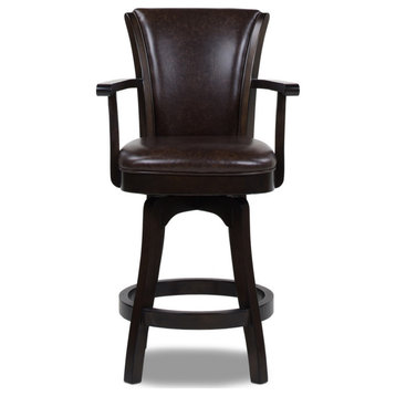 Williams Swivel Bar and Counter Stool with Armrests, Vintage Brown Faux Leather, Counter Height