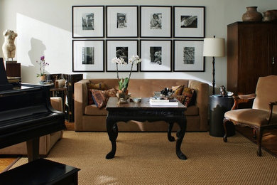 Living room - mid-sized transitional enclosed medium tone wood floor living room idea in Chicago with a music area and white walls