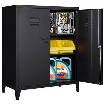 Metal Storage Cabinet, 2 Doors & 2 Shelves, 35.5", Black, With Legs