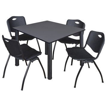 Kee 48" Square Breakroom Table- Grey/ Black & 4 'M' Stack Chairs- Black