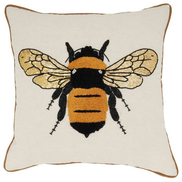 Buzzworthy Bumblebee Embroidered Down Filled Throw Pillow, Natural, 18"