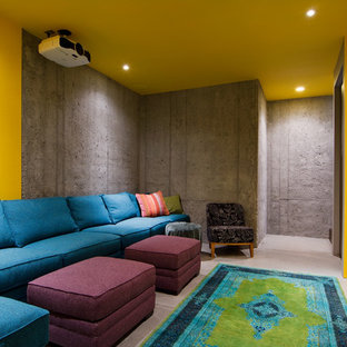 Contemporary home cinema in Salt Lake City with concrete flooring and a projector screen.