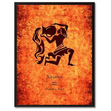 Aquarius Horoscope Astrology Orange Print on Canvas with Picture Frame, 28"x37"