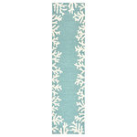Liora Manne - Capri Coral Border Indoor/Outdoor Rug, Aqua, 2'x8' Runner - This hand-hooked area rug features a vibrant aqua blue background white a coral motif border. A classic, subtle tropical motif, this rug will effortlessly compliment any space inside or outside your home. Made in China from a polyester acrylic blend, the Capri Collection is hand tufted to create bright multi-toned detailed designs with a high-quality finish. The material is flatwoven, weather resistant and treated for added fade resistant making this the perfect rug for indoor or outdoor placement. This soft, durable piece is ideal for your patio, sunroom and those high traffic areas such as your entryway, kitchen, dining room and living room. A fresh take on nautical style, these area rugs range in style from coastal to tropical motifs that beautifully accent your home decor. Limiting exposure to rain, moisture and direct sun will prolong rug life.