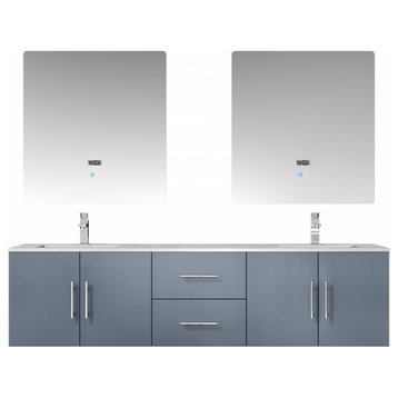 72" Double Bathroom Vanity With Sink, Gray, White Marble, Wall Mount