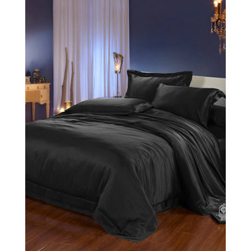 22MM 4PCS Mulberry Silk Bedding Set, Black, Twin
