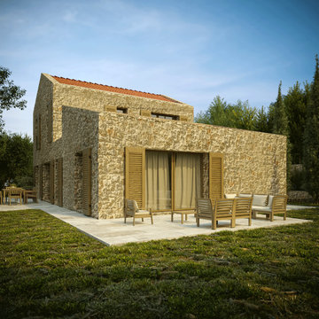 Backside Patio with Wooden Shutters – Lakeside Villa