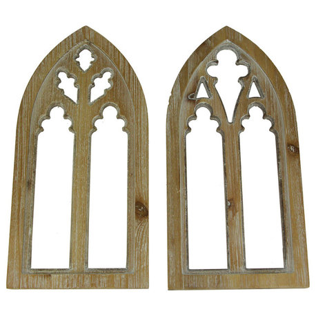 Whitewashed Wood Gothic Arch Window Frame Wall Decor 2 Piece Set