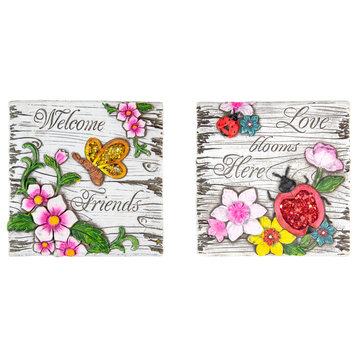 Set of 2 Love Blooms and Welcome Friends Floral Outdoor Garden Stones 7"