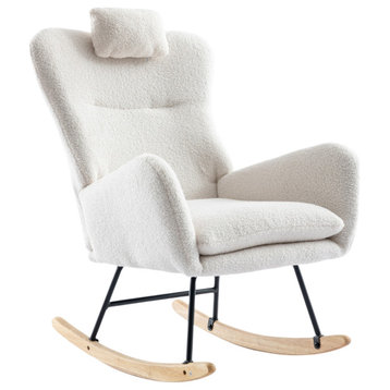 TATEUS 35.5" Rocking Chair, Soft Teddy Velvet Fabric Rocking Chair, White