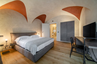 Idee per una camera matrimoniale contemporanea di medie dimensioni con pareti beige, parquet chiaro, pavimento marrone, soffitto a volta e TV