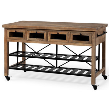 HomeRoots Brown Solid Wood Top Kitchen Island With Two Tier Black Metal Rolling