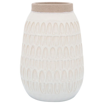 Ceramic 8"H Carved Vase, Beige
