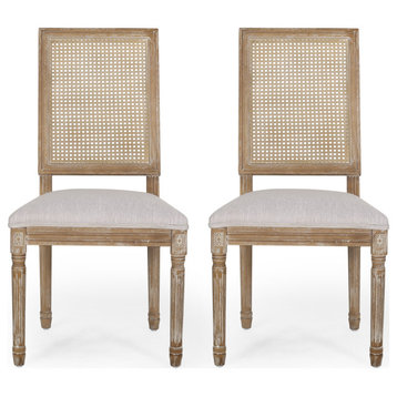 Brownell French Country Wood and Cane Upholstered Dining Chair, Set of 2, Light Gray/Brown